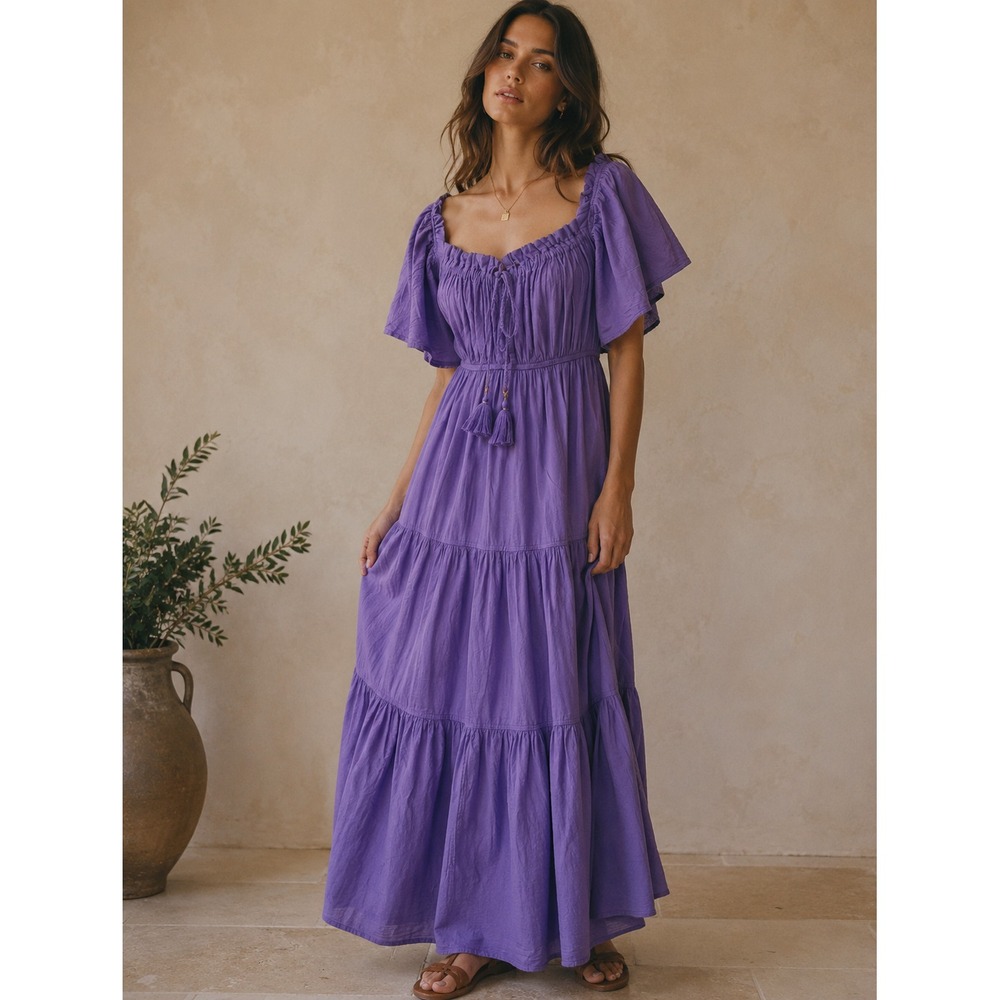 Nema Resort Wear Purple Maxi Dress S Boho Tiered Flutter Sleeve Tassel